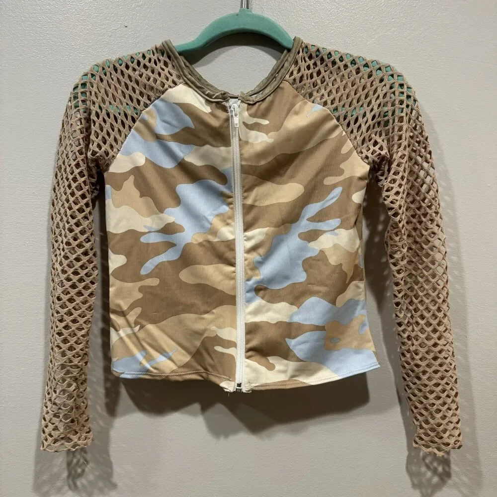 Dansco Dance Costume Camo Mesh Jacket Skirt Fishnet Leggings Girls sz Large